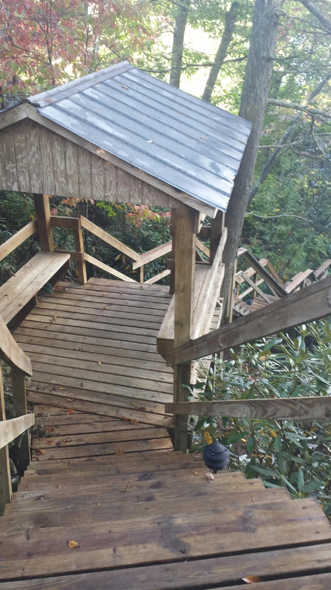 Metal roofed shelter over wooden steps on a wooded walkway — Skylight Repair & Installation work by our crew in Knotts Island